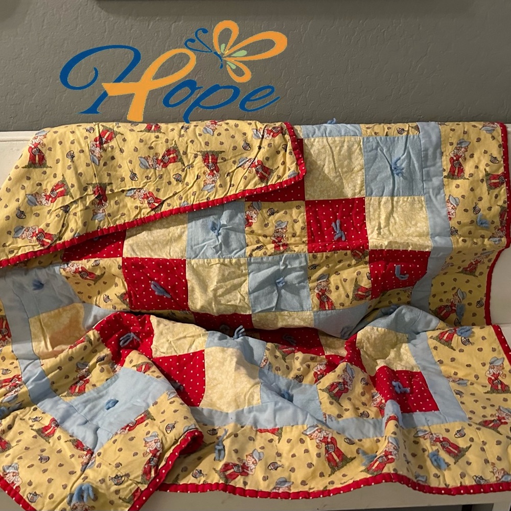 Handmade quilt, 52 x 40, little farmer, girl, yellow red and baby blow design